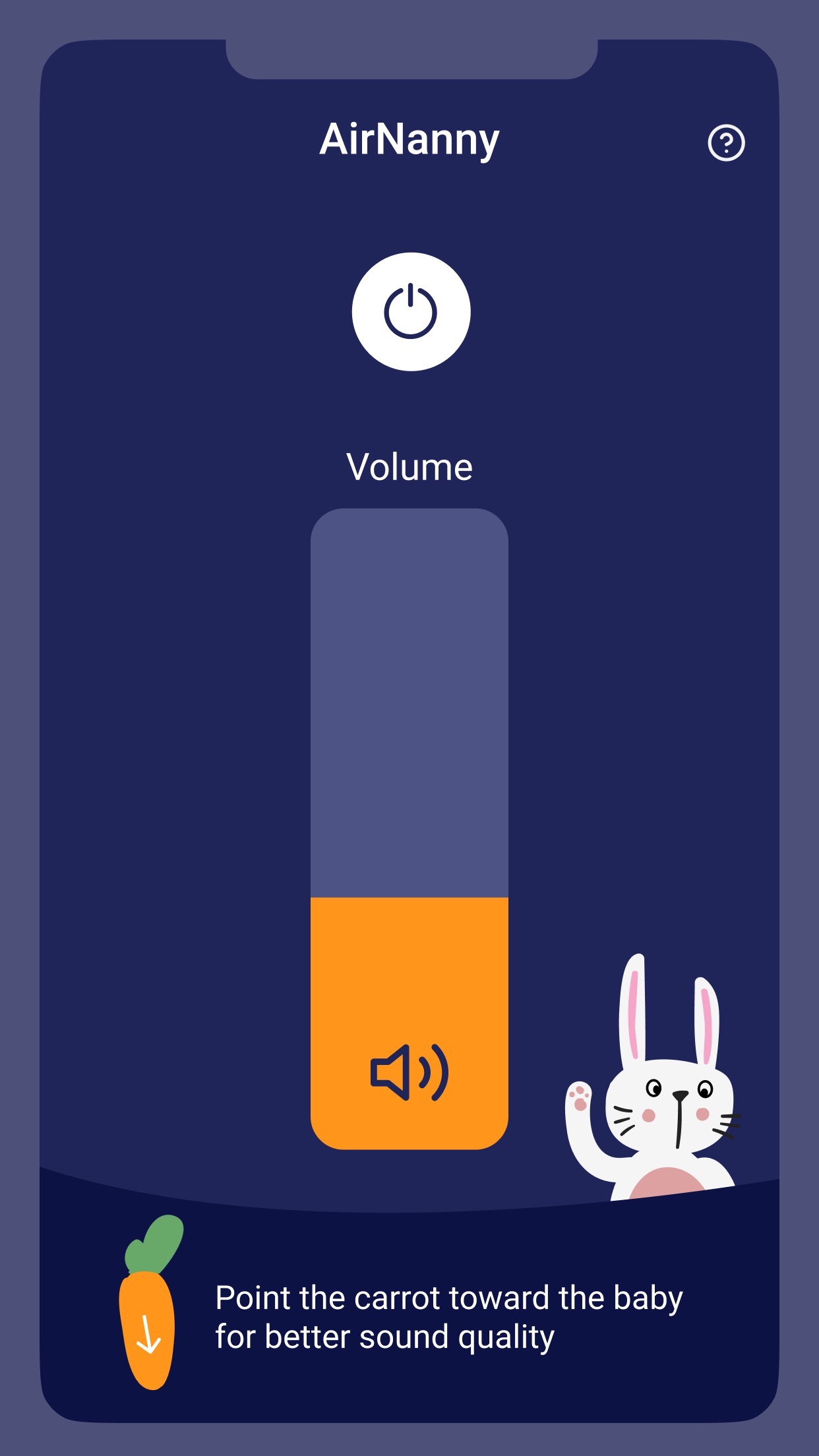 Pantalla de volumen de AirNanny con el consejo de apuntar el teléfono hacia el bebé para un sonido más claro