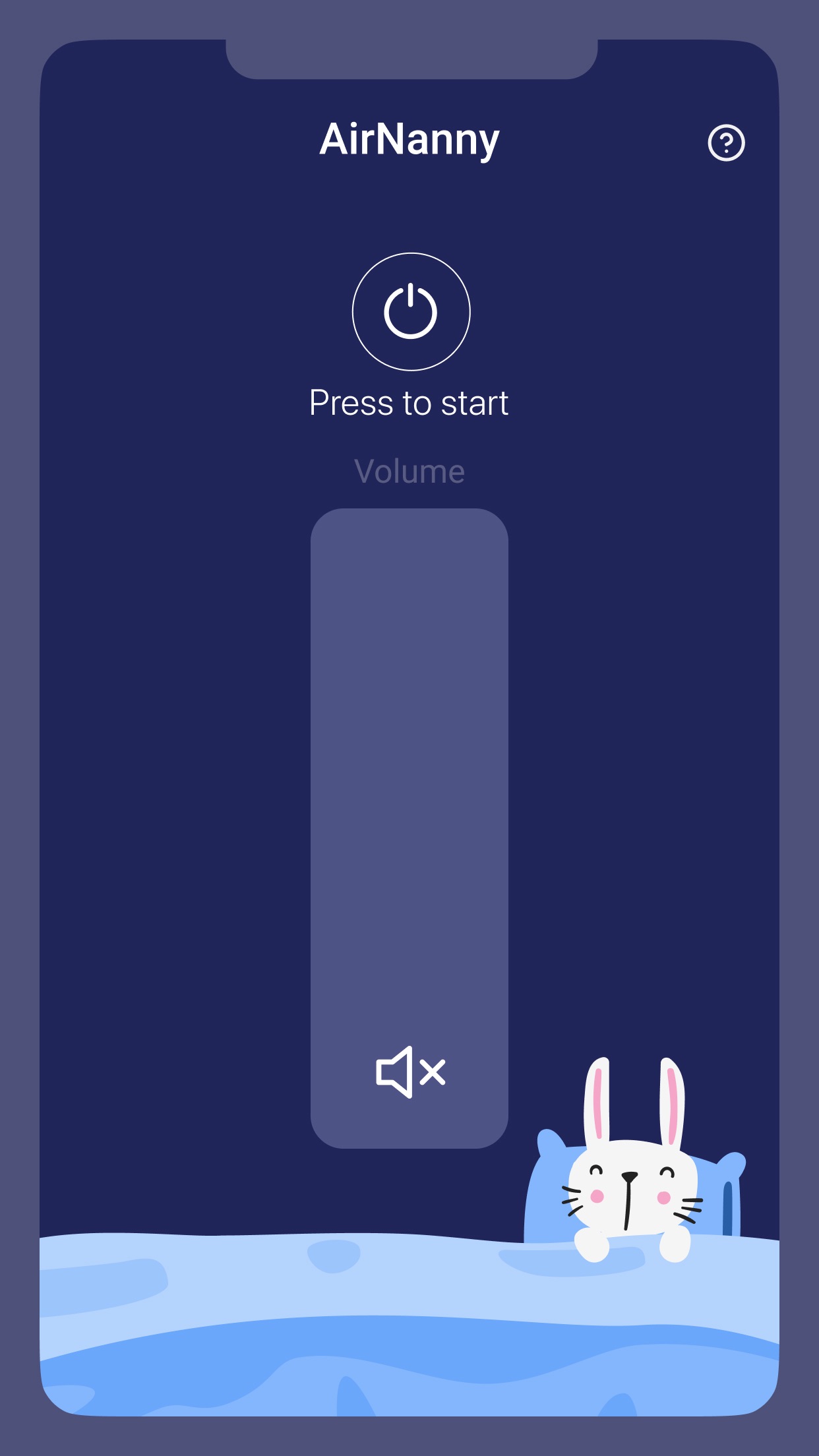 Pantalla principal del monitor AirNanny con un botón de Pulsar para iniciar y una mascota de conejo dormido